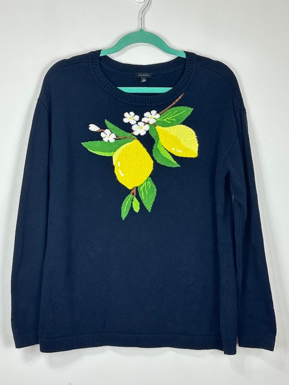 Talbots Womens Navy Cotton Blend Novelty Boat Neck Sweater M Lemons Fruit